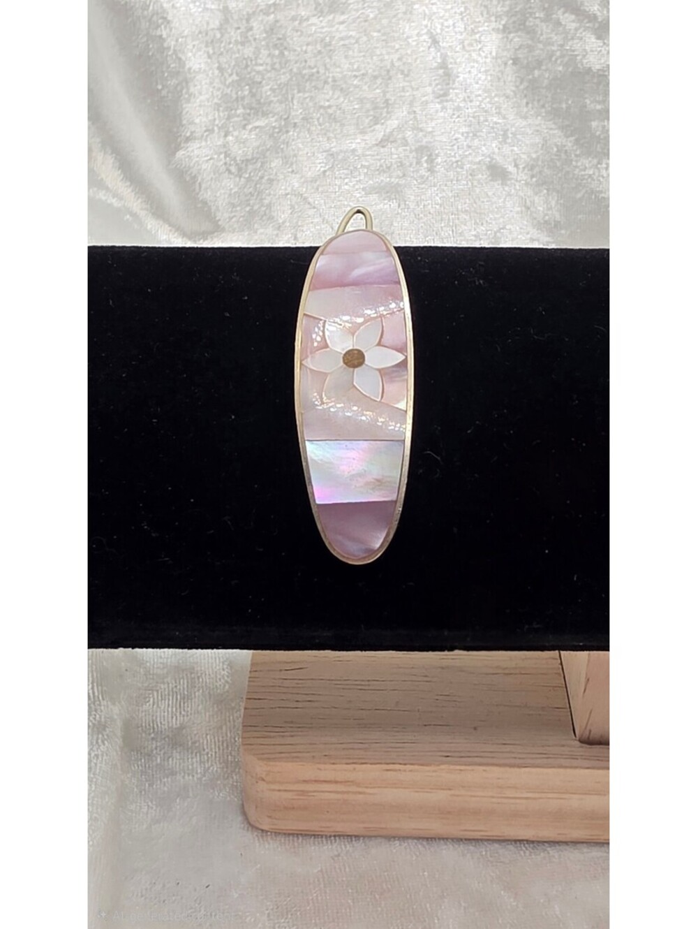 Vintage Alpaca Mexico Pink Mother of Pearl Inlay Floral Hair Clip Barrette
